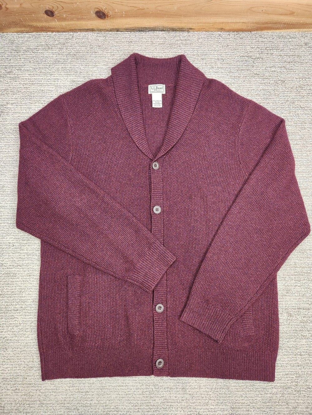 L.L. Bean 100% Lamb's Wool Button Cardigan Mens XL Maroon Burgandy Shawl Collar